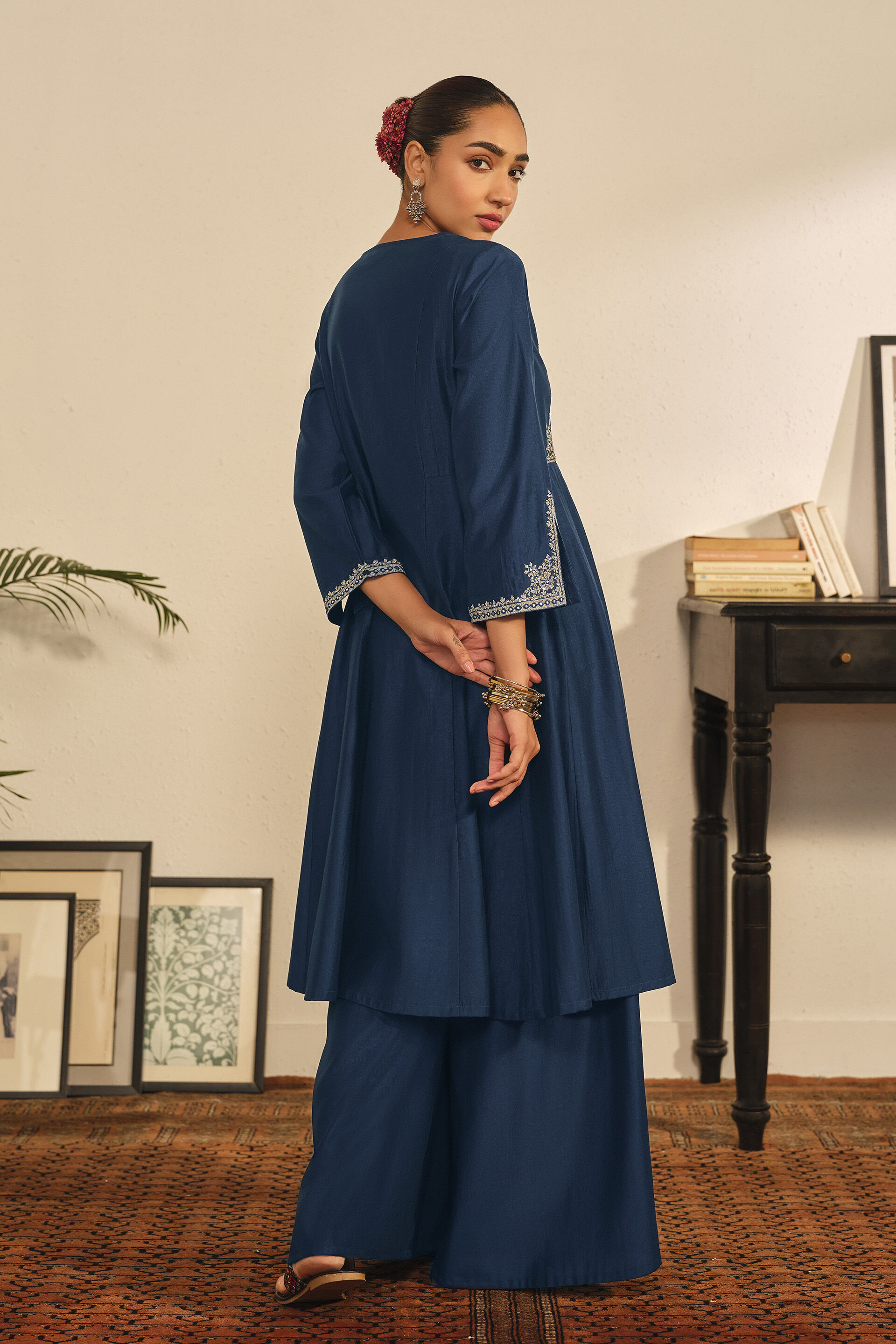 Embroidered A-line Kurta in Indigo, Indigo, image 3